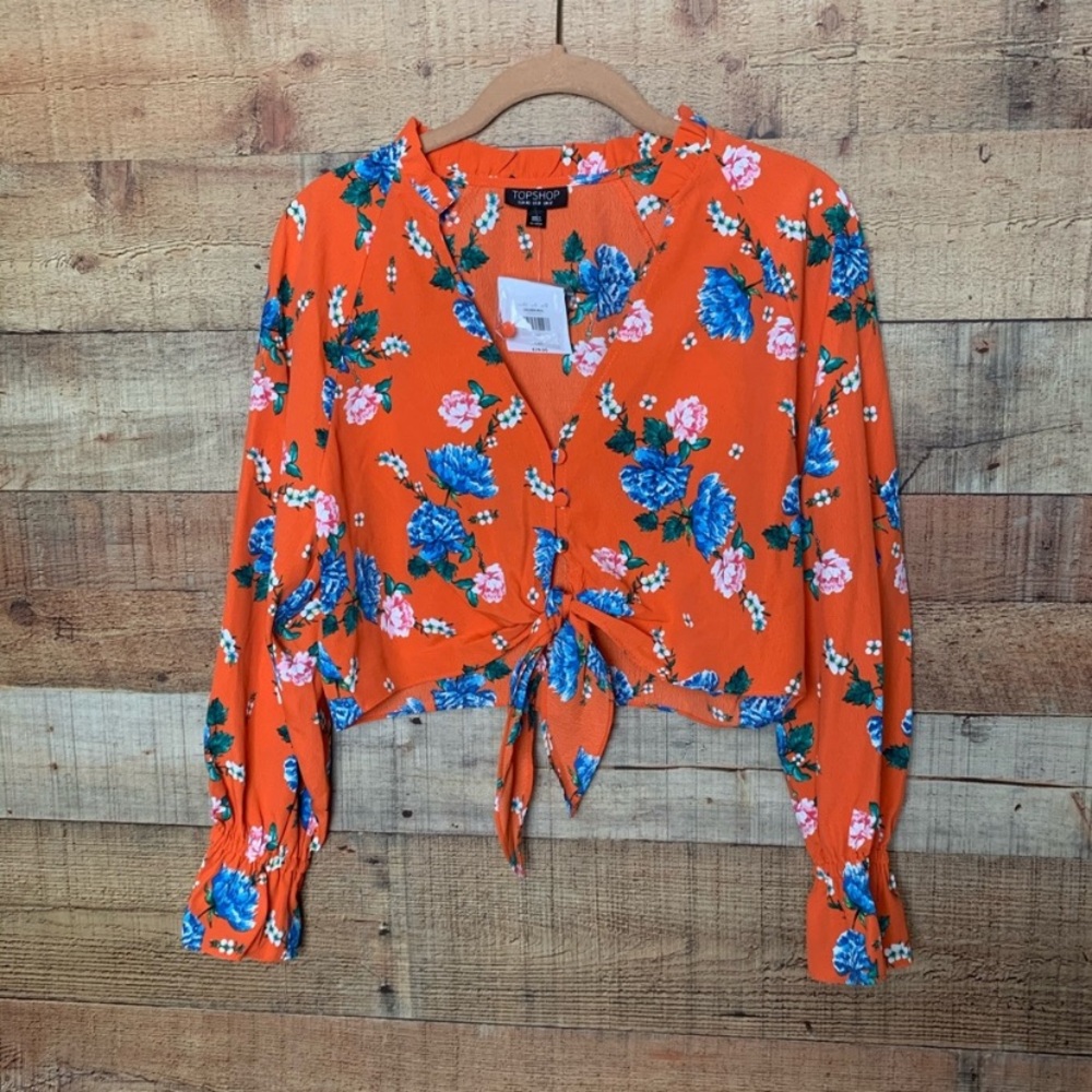 Nwt Topshop Orange Floral Tie Front Crop Top - Picture 4 of 7